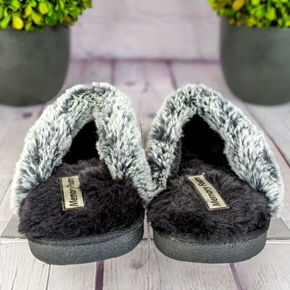Black Faux Fur House Slipper Scuff Memory Foam Slip On Anti-Skid Sole - Picture 5 of 9